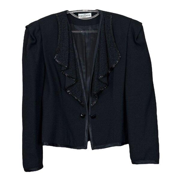 Vtg Celeste Beaded Ruffle Collar Hook Evening Formal Blazer Jacket Black Size 10 - Picture 1 of 10